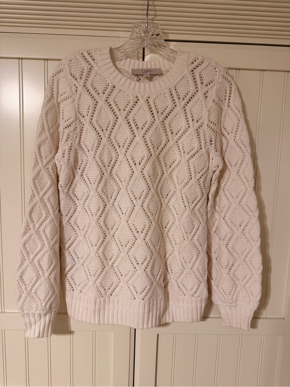LOFT White Cream Openwork Diamond-Pattern Crewneck Sweater size Small